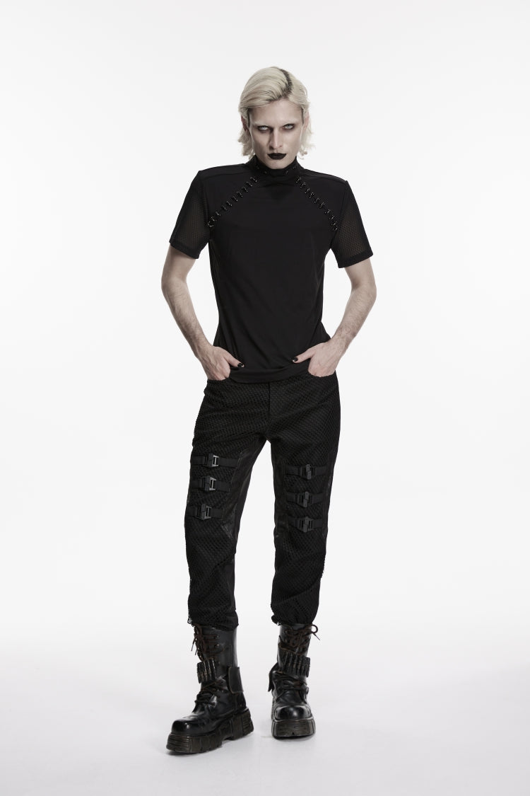 Black Spliced Slim Mesh Buckled Men's Punk Cool Pants