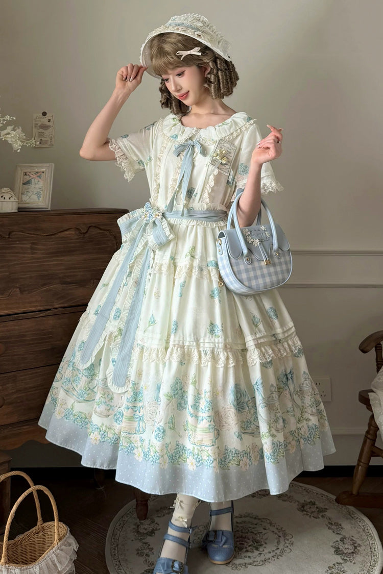 Ivory [Fragrant Tea Party] Peter Pan Collar Short Sleeves Printed Ruffled Bow Cottagecore Sweet Lolita Dress