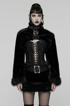 Black Stand Collar Long Sleeves Buckle Straps Faux Fur Women's Punk Short Cloak