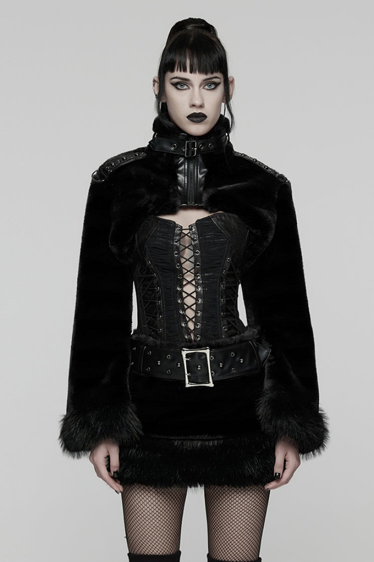 Black Stand Collar Long Sleeves Buckle Straps Faux Fur Women's Punk Short Cloak