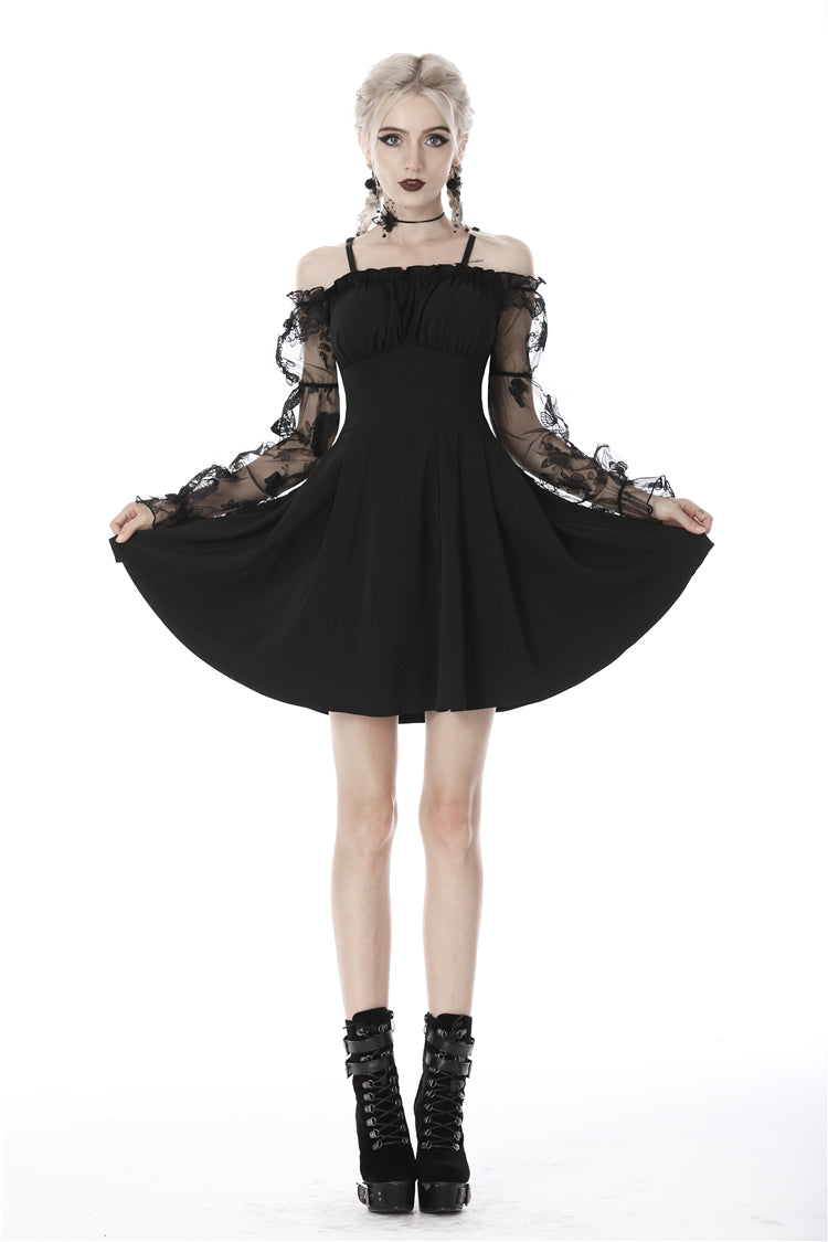 Black Sexy Off Shoulder Lace Long Sleeves Lace-Up Women's Gothic Graduation Dress