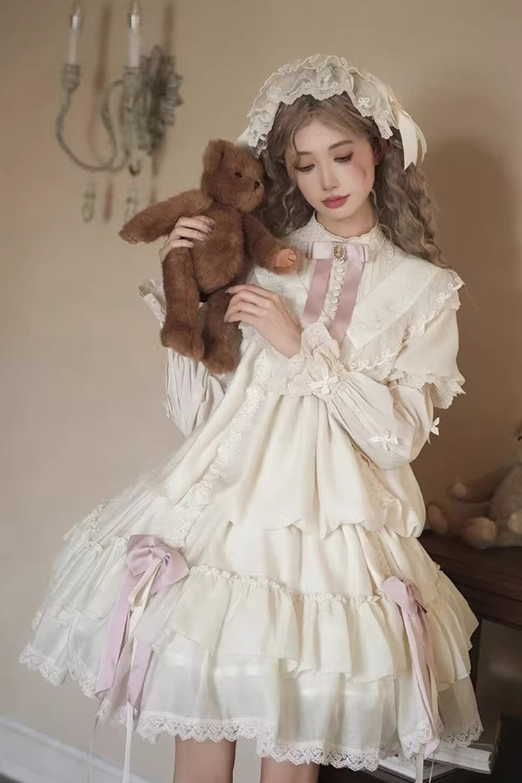 Ivory [Glass Flower Room] Short Sleeves Triple-Layered Ruffled Rose Embroidered Bow Cotilla Sweet Lolita Dress Set