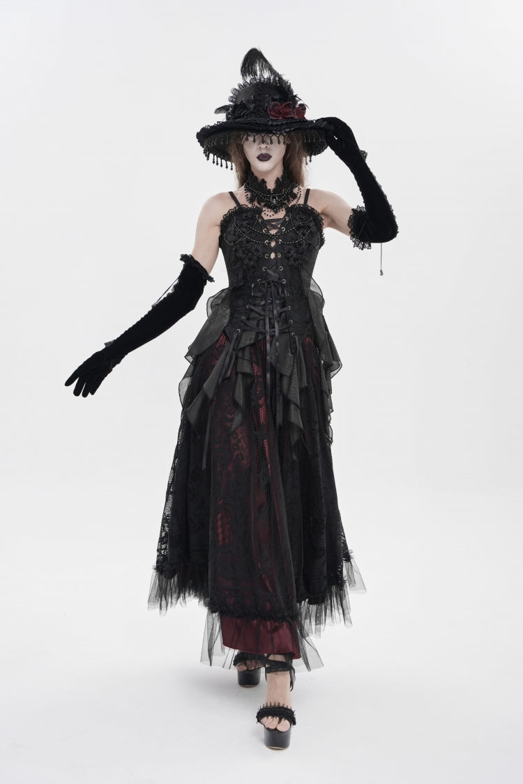 Black Ruffled Lace Lace-Up Slim Women's Gothic Overbust Corset