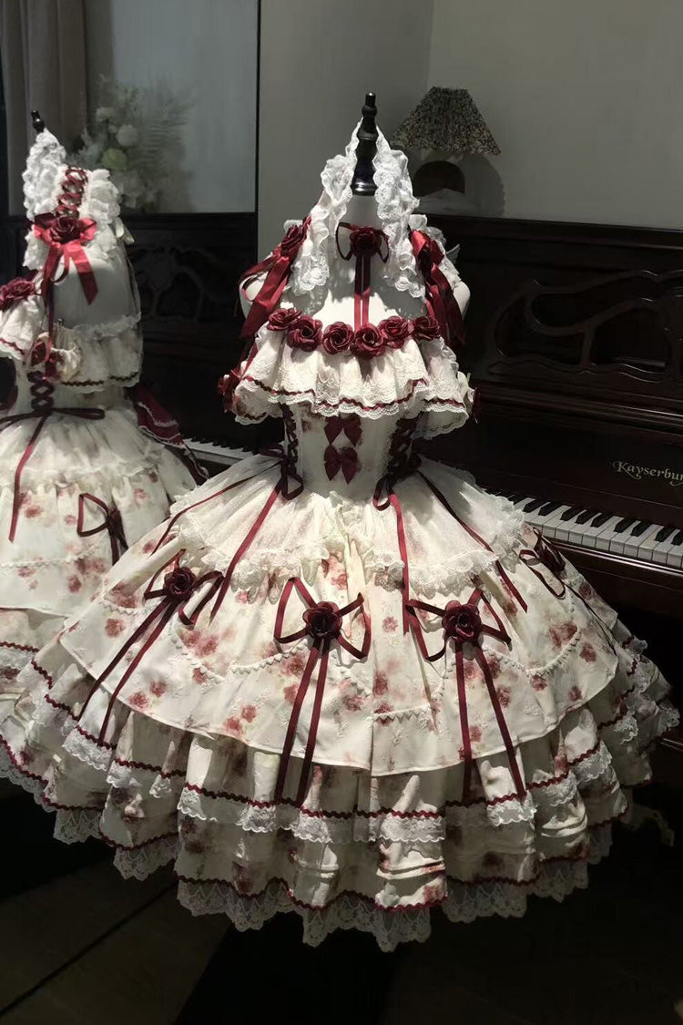 White/Red [Crimson Love Letter] Sleeveless Multi-Layered Printed Bow Lace-Up Gothic Lolita Jsk Dress Set