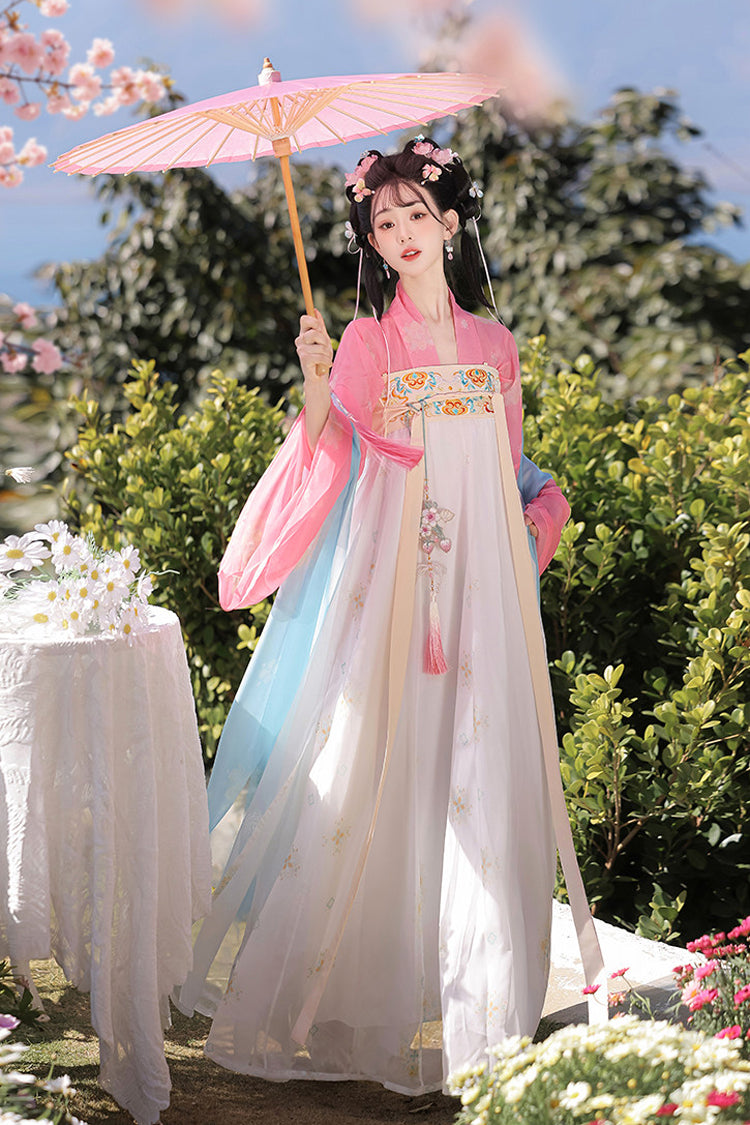 Pink/Apricot [Spring Fills the Garden] High Waisted Printed Embroidered Women's Sweet Chinese Style Hanfu Dress Set