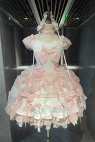 White/Pink Sleeveless Triple-Layered Ruffled Bow Lace Sweet Princess Ballet Lolita Jsk Dress
