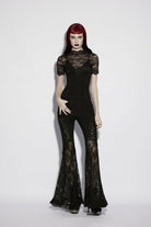 Black Stand Collar Short Sleeves Cut-Out Lace Slim Sheer Faux Two-Piece Women's Gothic Top