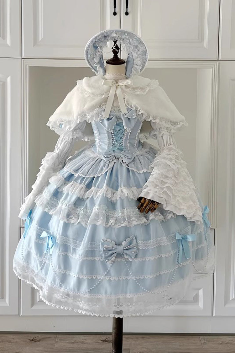 [Showa Girl] Sleeveless Triple-Layered Ruffle Bowknot Lace Pearl Sweet Japanese Lolita Jsk Long Dress 2 Colors