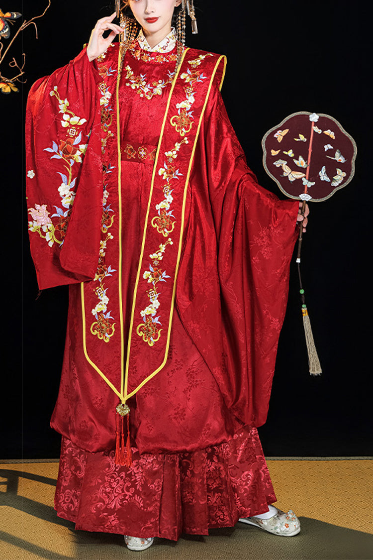 Red Chinese Style Hot Stamping Embroidery High Waisted Hanfu Dress Full Set