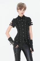 Black Turn-down Collar Short Sleeves Lace-Up Eyelets Women's Punk Blouse