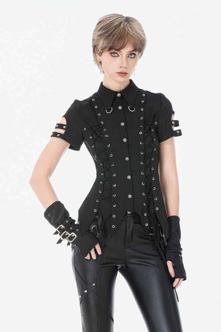 Black Turn-down Collar Short Sleeves Lace-Up Eyelets Women's Punk Blouse