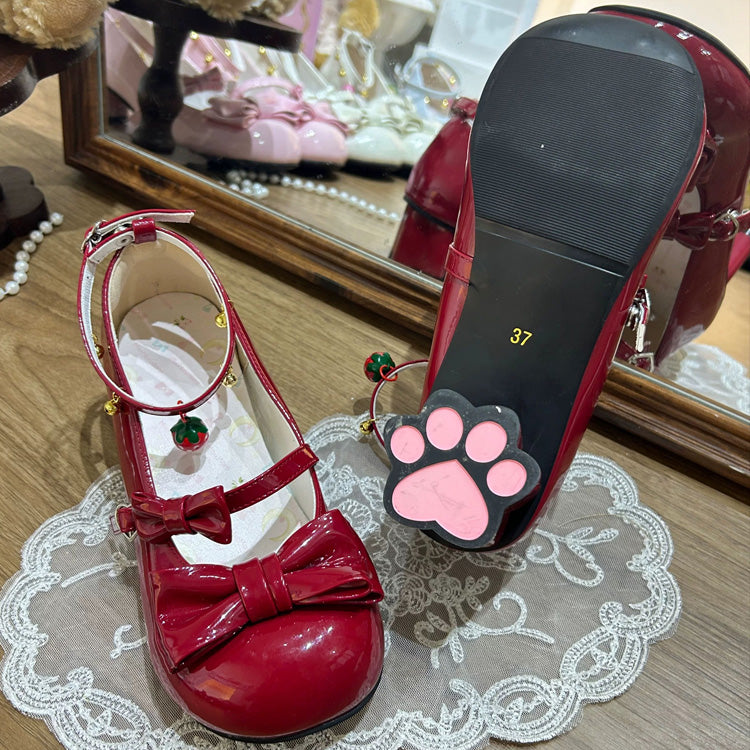 Round Toe Bow Mid Heel Lolita Mary Jane Shoes with Cat Paw Heels & Ankle Bells 6 Colors