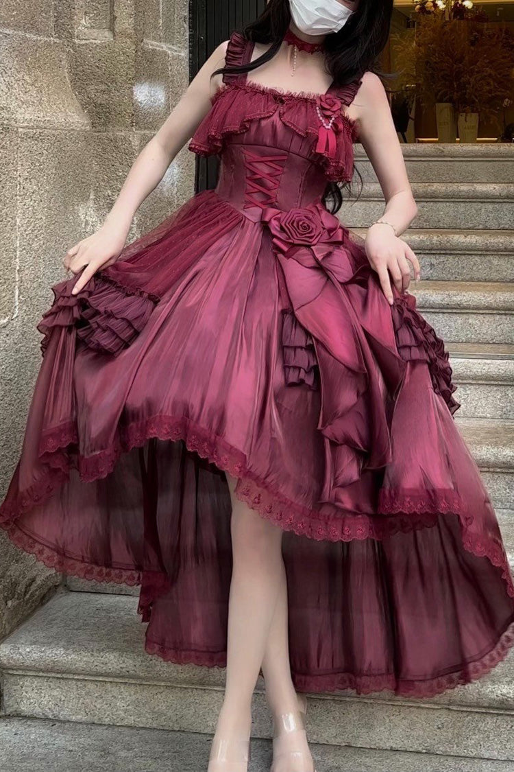 Red Square Collar Sleeveless Ruffled Bow Lace-Up Classic Elegant Princess Lolita Jsk Dress