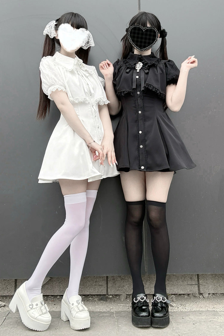 Jirai Kei Lapel Collar Short Sleeves Lace Dress 3 Colors