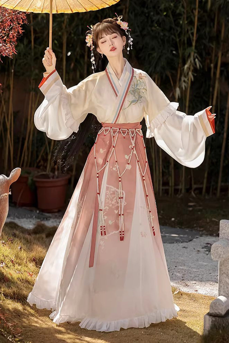 [Lily of the Valley] Long Sleeves Wei-Jin Style Ombre Printed Ruffled Embroidered Chinese Style Classic Hanfu Dress Set 3 Colors