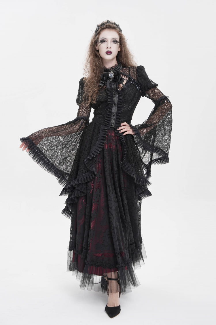 Black Stand Collar Long Trumpet Beaded Sleeves Cut-Out Bow Lace Women's Gothic Blouse