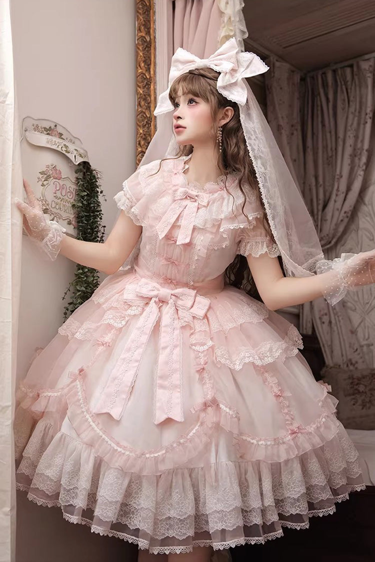 Pink [Candy Flavor] Round Collar Short Sleeves Ruffled Bow Lace Sweet Gorgeous Lolita OP Dress