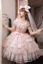 Pink [Candy Flavor] Round Collar Short Sleeves Ruffled Bow Lace Sweet Gorgeous Lolita OP Dress