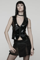 Black V Collar Sleeveless Buckle Zipper Faux Leather Women's Gothic Vest