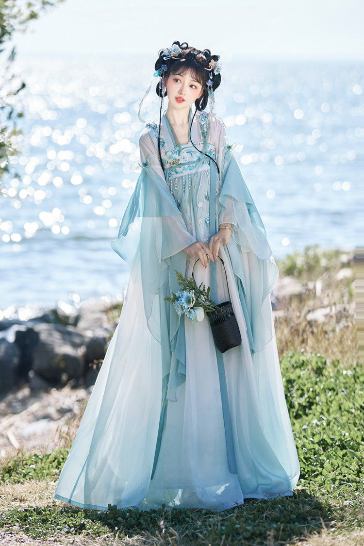 Blue [Blue Ocean] High Waisted Embroidered Lace Women's Sweet Hanfu Dress Full Set