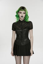 Black Lapel Collar Short Sleeves Lace-Up Mesh Eyelet Women's Punk Blouse
