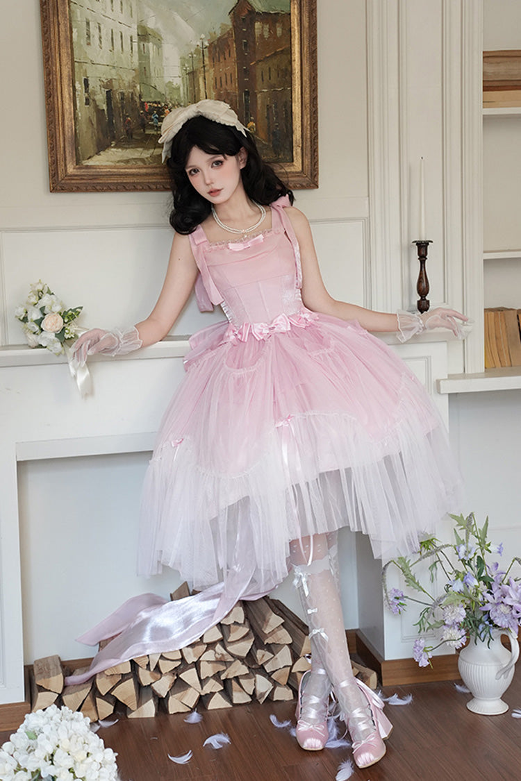 Pink [Foamy Sea] Sleeveless Ruffle Bowknot Fishbone Sweet Lolita Jsk Dress