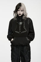 Black Stand Collar Long Sleeves Cut-Out Patchwork Eyelet Women's Punk Coat