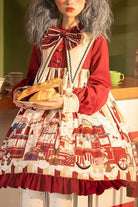 Red Lapel Collar Bowknot Lantern Long Sleeved Popcorn Print Sweet Lolita OP Dress