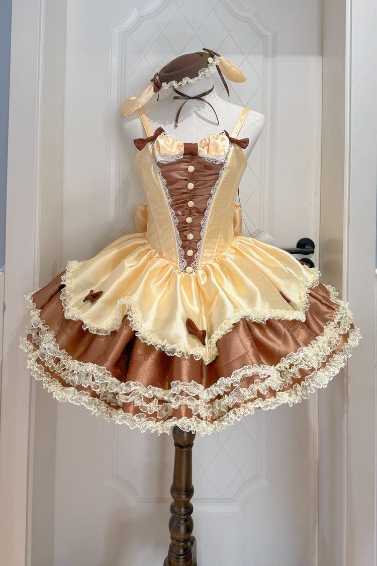 Brown [Jasmine Rain] Square Collar Sleeveless Triple-Layered Polka Dot Printed Ruffled Bow Lace Sweet Lolita Jsk Dress