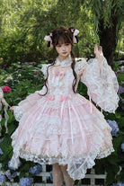 Pink [Spring Entwined with Cherry Clouds] Short Sleeves Embroidered Bow Lace Sweet Chinese Style Lolita Dress
