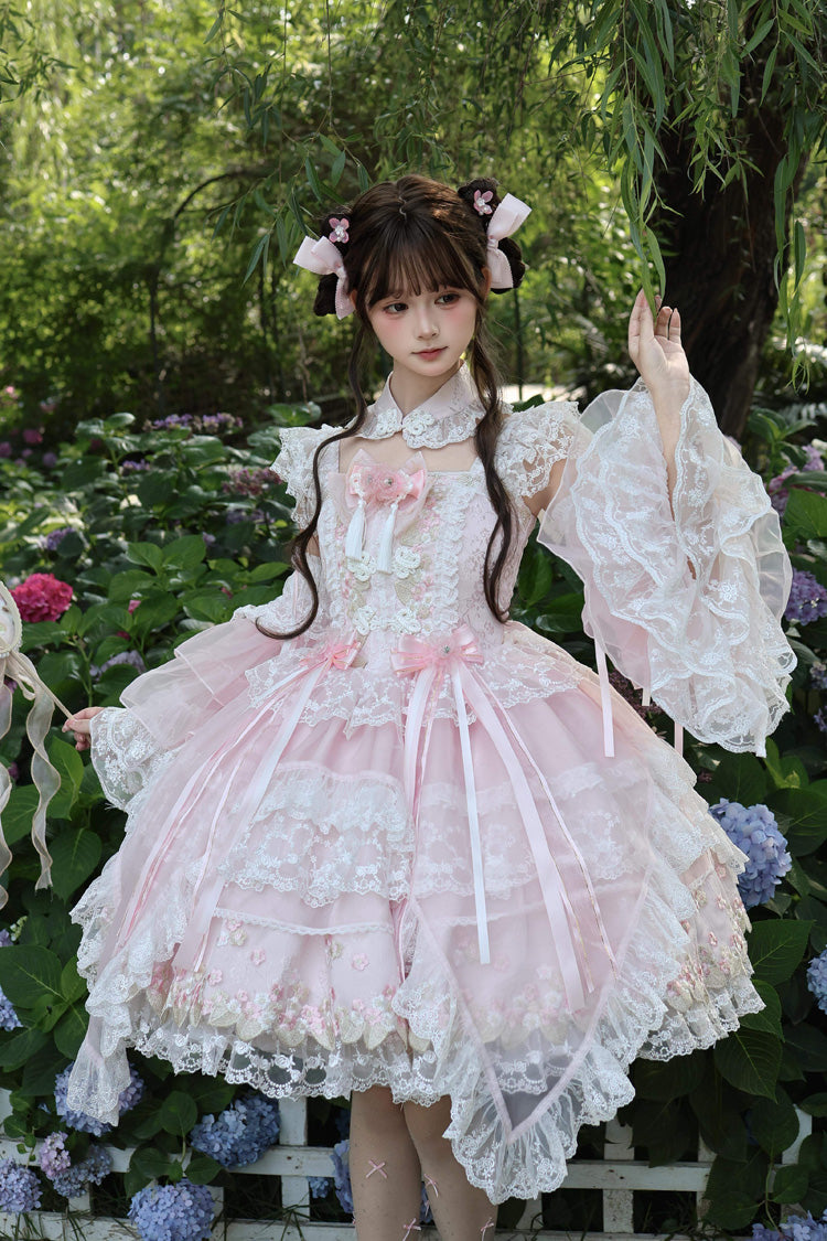 Pink [Spring Entwined with Cherry Clouds] Short Sleeves Embroidered Bow Lace Sweet Chinese Style Lolita Dress