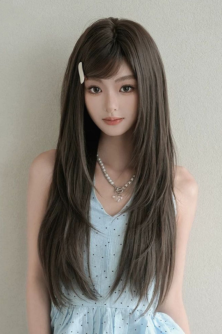 Cool Brown Natural Fluffy Long Layered Straight Sweet Lolita Wig with Air Bangs
