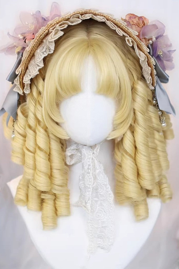 Pale Gold Ringlet Curls Lolita Wig Center Part with Blunt Bangs