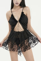 Black Sheer Striped Chiffon Paneled Lace And Metal Chain Trim Women's Punk Fun Dress