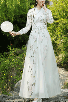 White Elegant Green Leaf Embroidery Sweet Hanfu Dress