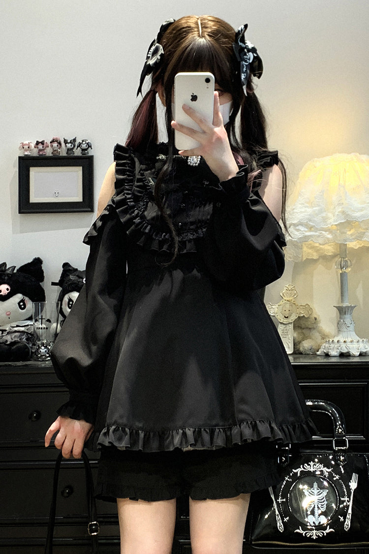 Black [Rose Princess] Off Shoulder Long Sleeves Ruffle Bowknot Gothic Jirai Kei Dress
