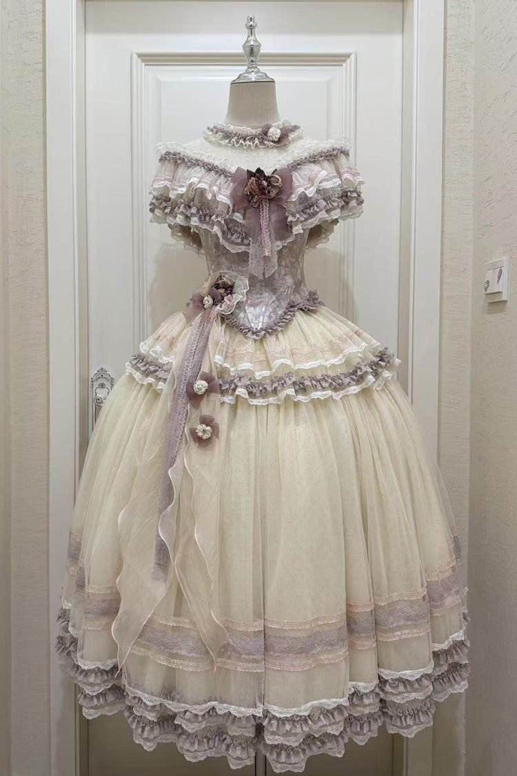 Purple [Wisteria Poem] Sleeveless Ruffled Cut-Out Embroidered Bow Lace Sweet Lolita Two-piece Skirt Set