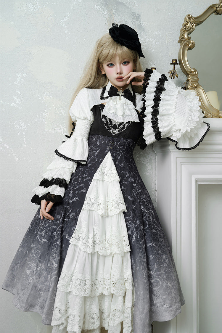 Black/White Print Bone Magic Ruffle Cardigan Lace Classic Gothic Princess Lolita Jsk Dress