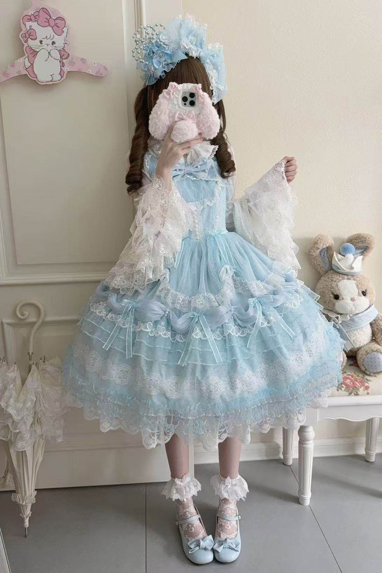 Blue [Sugar Heart Knot] Multi-Layered Ruffled Bow Lace Sweet Lolita Jsk Dress