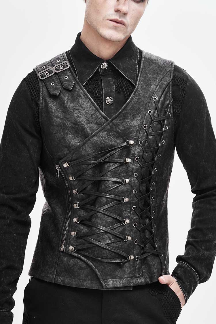 Gray V Neck Fog Flower Shoulder Loop Chest Lace Up Men's Punk Waistcoat