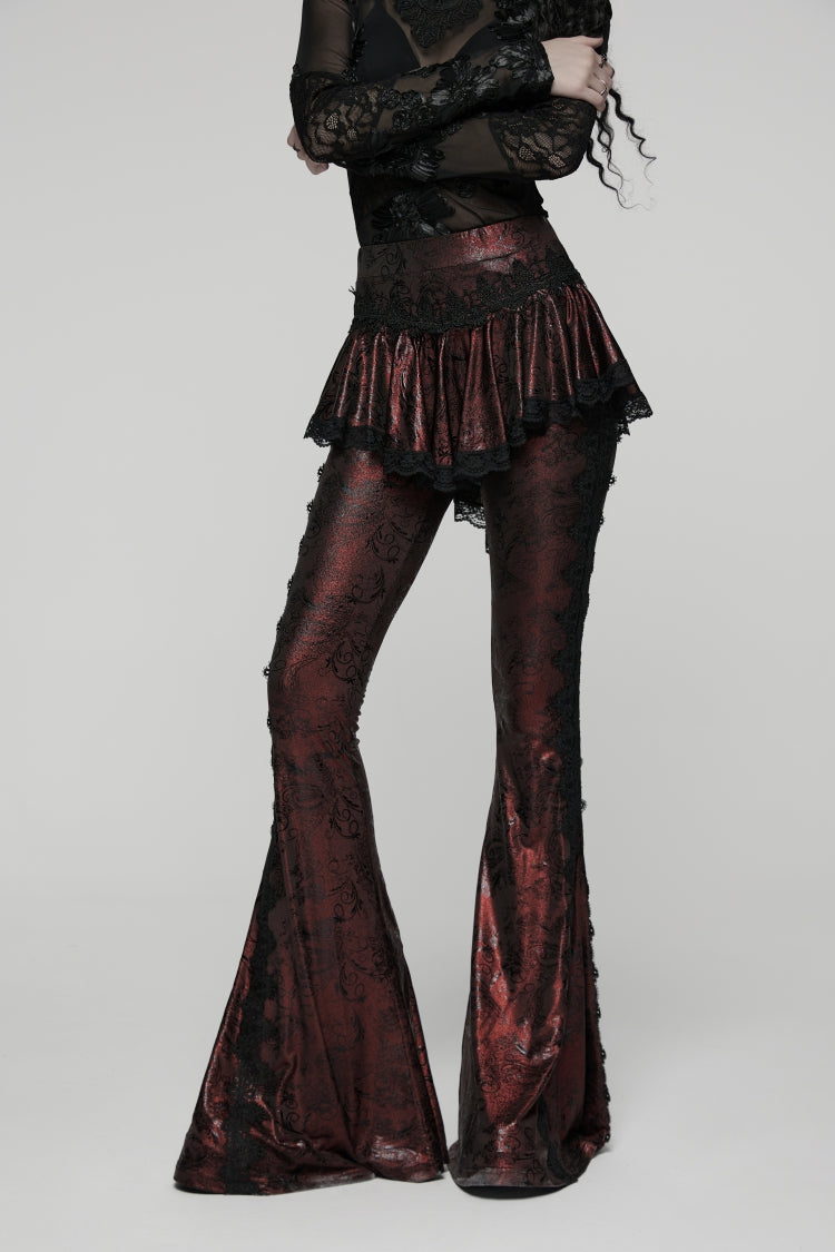 Red Printed Lace Slim Faux Two-Piece Women's Gothic Flared Pants