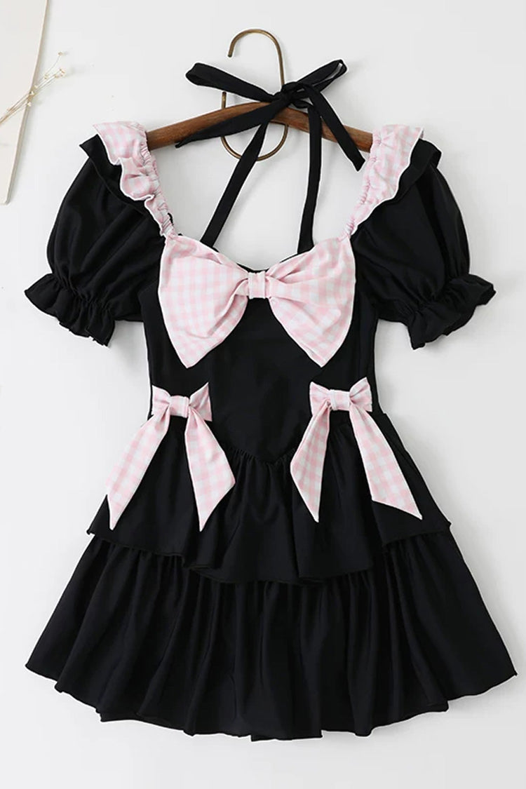 Black/Pink Square Collar Short Sleeves Ruffled Bow Sweet Lolita One-Piece Swimsuit