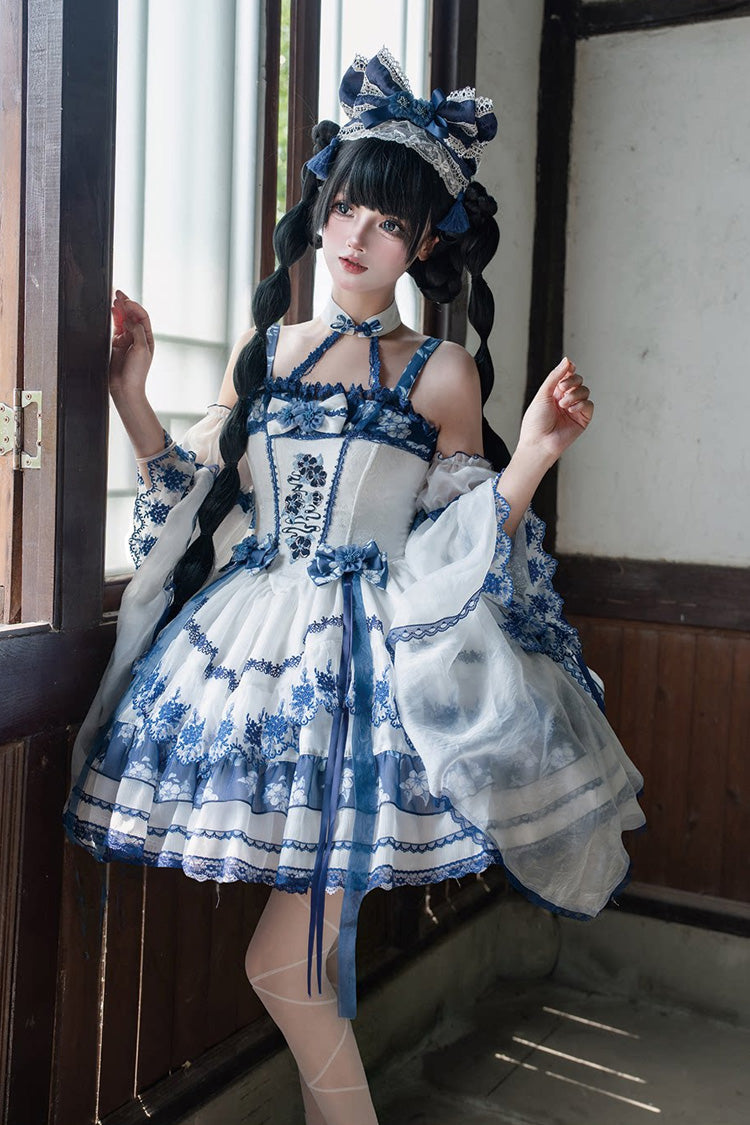 [Misty Qingdai] Off Shoulder Halterneck Printed Ruffled Embroidered Bow Classic Chinese Inspired Lolita Dress 2 Colors (Porcelain Blue, Pink)