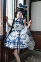 [Misty Qingdai] Off Shoulder Halterneck Printed Ruffled Embroidered Bow Classic Chinese Inspired Lolita Dress 2 Colors (Porcelain Blue, Pink)