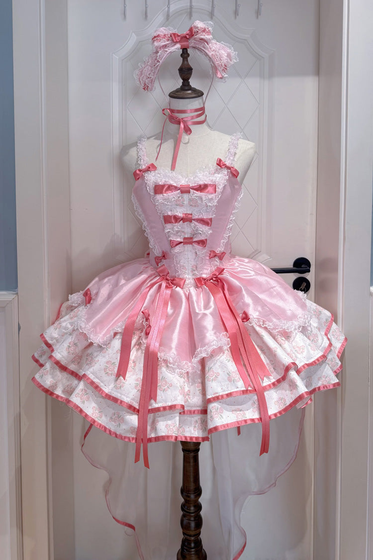 Pink [Jasmine Rain] Square Collar Sleeveless Triple-Layered Polka Dot Printed Ruffled Bow Lace Sweet Lolita Jsk Dress