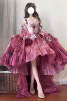 Plum Red [Swan Wonderland] Embroidery Bowknot Lace-Up Short Front Long Back Irregular Sweet Ballet Lolita Jsk Dress