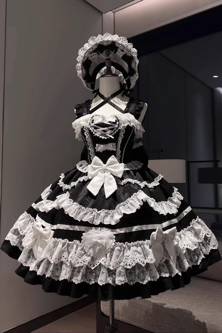 Black/White [Super Cute Belia] Sleeveless Triple-Layered Ruffle Bowknot Lace Gothic Elegant Lolita Jsk Dress