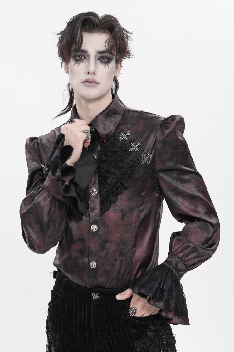 Red  Cross Spider Turn-down Collar Long Trumpet Sleeves Printed Lace Men's Gothic Shirt