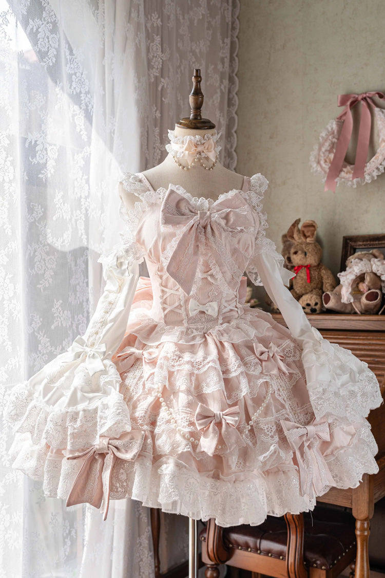 Pink [Small Cakes] Sleeveless Multi-Layered Ruffle Bowknot Lace Sweet Lolita Jsk Dress