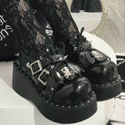 Glossy Black Punk Gothic Little Demon Bat Skull Cross Strap Platform Shoes